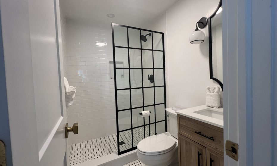 Modern newly renovated bathroom at Driftwood Motel in Point Pleasant Beach, NJ